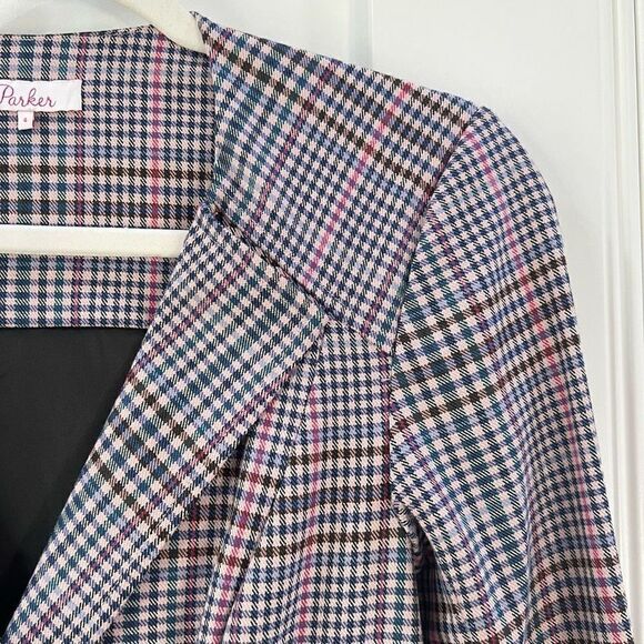 Parker Derby Blazer Mini Dress Women’s 4 Plaid Pink 4 Button Closure Workwear - Picture 3 of 15